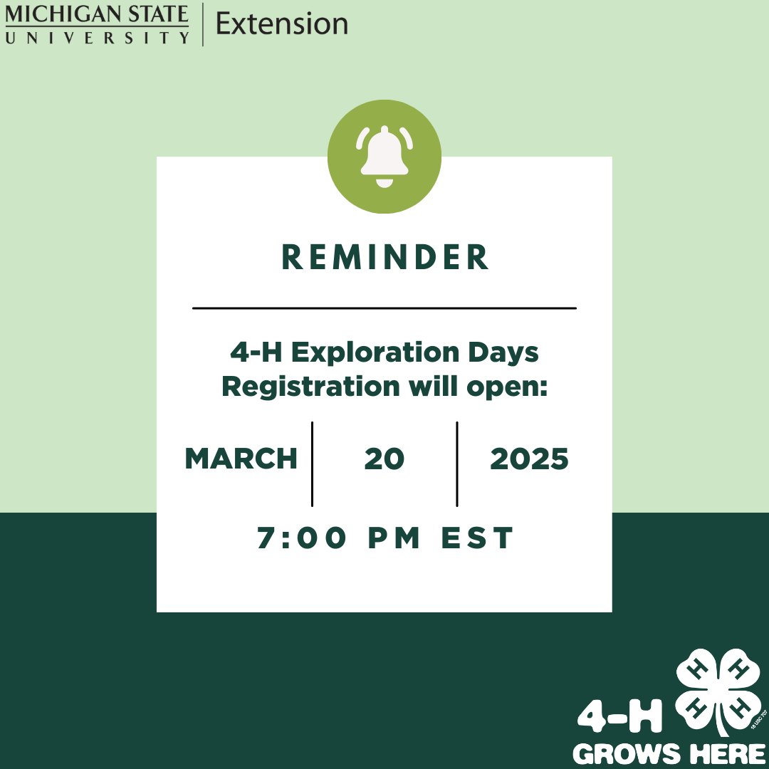 Michigan4H's tweet image. Countdown alert! Only one week until 4-H Exploration Days registration opens! Get ready by choosing your sessions and head over to canr.msu.edu/4_h_exploratio… to register. Don’t forget to set a reminder on your phone so you’re all set to go!
