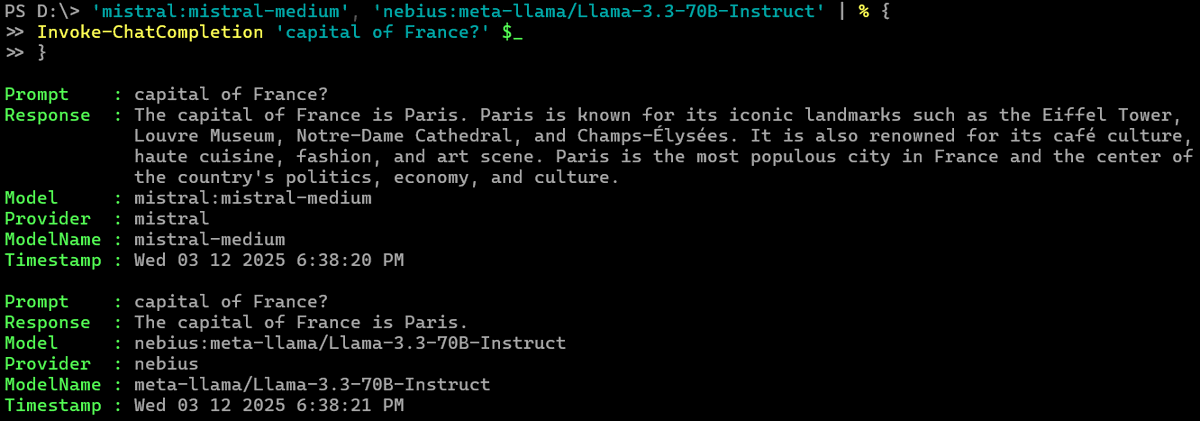 dfinke's tweet photo. New version of my PSAISuite #PowerShell module.

Simple, unified interface to multiple Generative AI providers.

Say hello to Mistral and Nebius https://t.co/Ri3NikRHpN