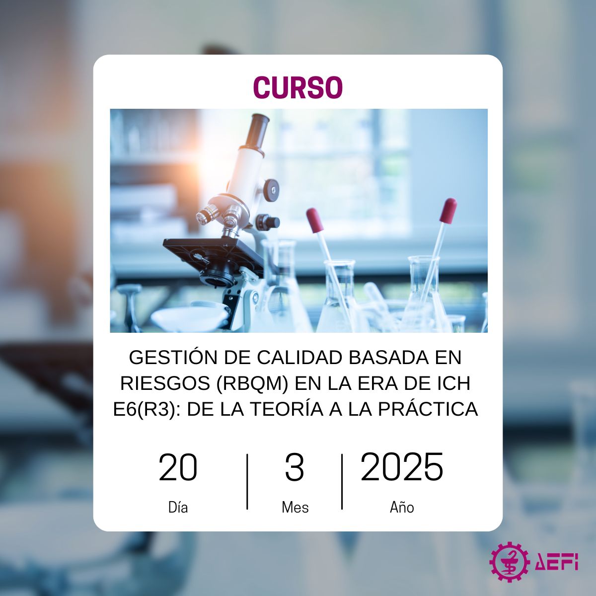 👉Gestión de calidad basada en riesgos (RBQM) en la era de ICH E6 (R3): de la teoría a la práctica.

📅20/03/2025
📍Online - Plataforma Zoom
🕗 De 15:00 a 19:00 horas

Más info 👉 aefi.org/eventos/gestio….

¡Te esperamos!

#aefi #industriafarmaceutica