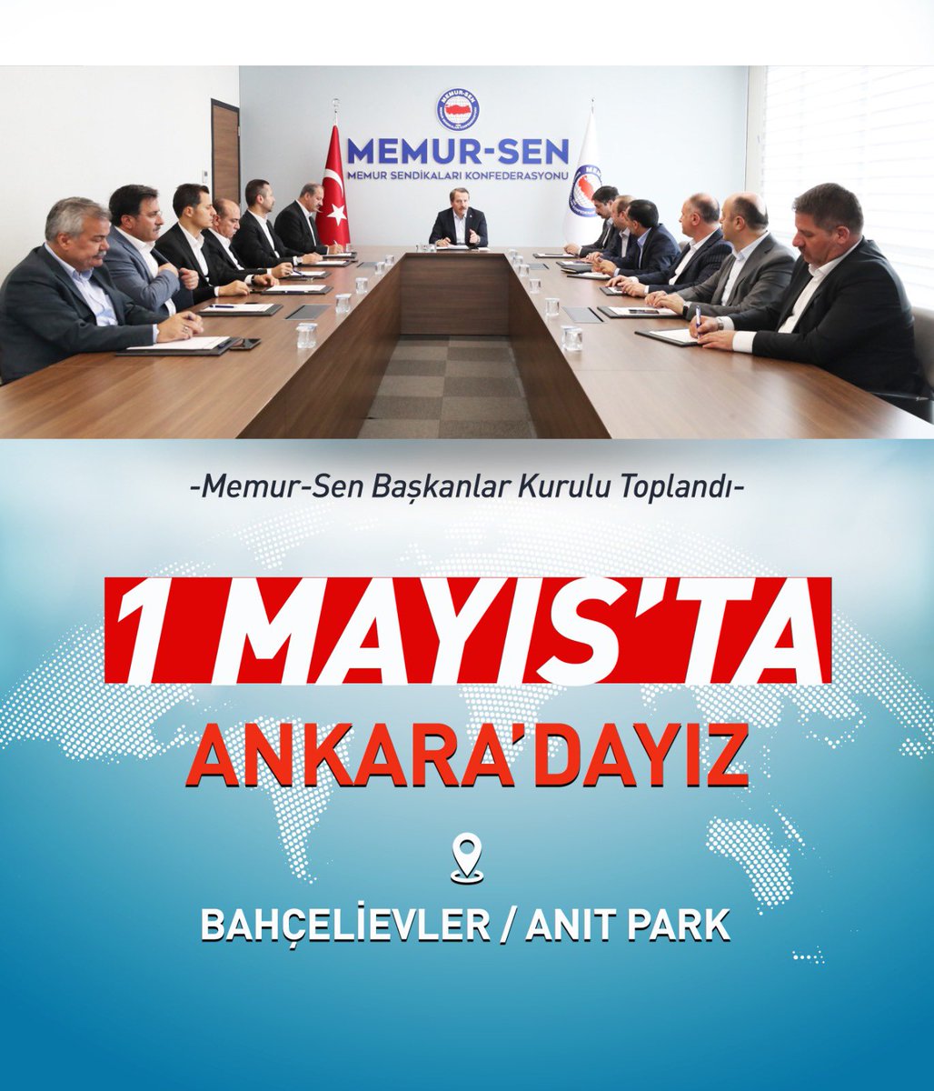 1 Mayıs’ta Ankara’dayız
 
Memur-Sen olarak ‘1 Mayıs Emek ve Dayanışma Günü’nde Ankara’da olacağız. Başkanlar Kurulu Toplantımızda aldığımız kararla, kutlama yeri olarak Bahçelievler’deki ‘Anıt Park’ı kararlaştırdık.

Memur-Sen olarak en son 2012’de Ankara’da 1 Mayıs’ı