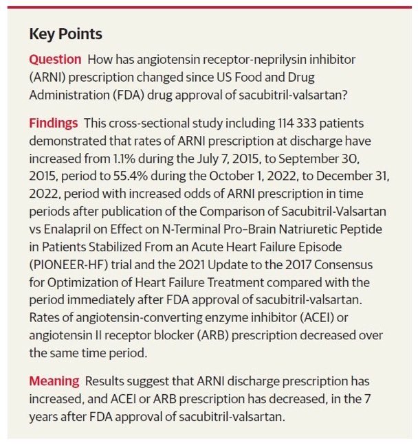 Gregg Fonarow MD (@gcfmd) on Twitter photo ARNI use in HFrEF, first 7 years after approval
Interestingly, neither PIONEER-HF or ARNI being made first line Rx in <a href="/ACCinTouch/">American College of Cardiology</a> Consensus guide were associated with acceleration in use
ARNI Prescribing Patterns in Patients Hospitalized for HFrEF
jamanetwork.com/journals/jamac… ARNI use in HFrEF, first 7 years after approval
Interestingly, neither PIONEER-HF or ARNI being made first line Rx in <a href="/ACCinTouch/">American College of Cardiology</a> Consensus guide were associated with acceleration in use
ARNI Prescribing Patterns in Patients Hospitalized for HFrEF
jamanetwork.com/journals/jamac…