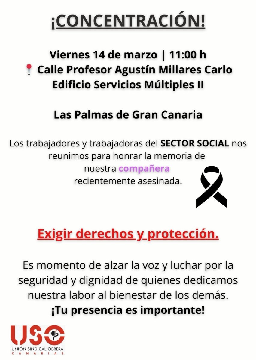📢 Protección y condiciones laborales dignas para EDUCADORES SOCIALES y profesionales que trabajan al servicio de la sociedad❗

📍Las Palmas de Gran Canaria 
🗓️ Viernes 14 🕚

Gracias <a href="/USOCanarias/">USO-CANARIAS</a> por esta iniciativa 🙏

🔺La difusión y tu presencia son importantes 👇