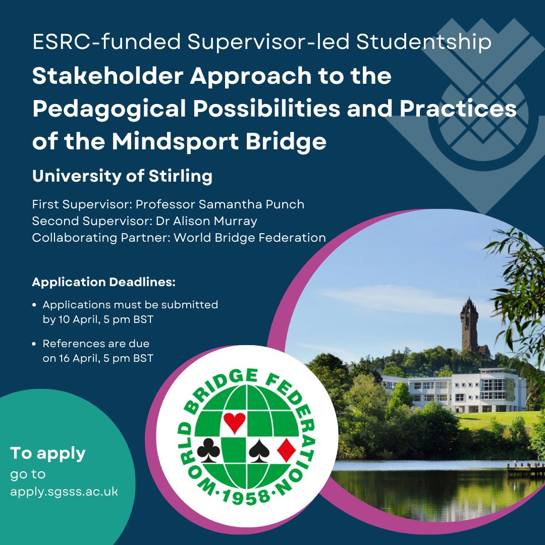 Bridge: A MindSport for All (@bridgemindsport) on Twitter photo Delighted #BAMSA and World Bridge Federation has funding for a PhD (3.5 years or +Masters 4.5 yrs) from <a href="/SocSciScotland/">SGSSS</a> for a youth #mindsport #education project <a href="/StirUni/">University of Stirling</a>. Bridge as an educational tool in schools. International students welcome.
Plse RT.
sgsss.ac.uk/studentship/st⦠Delighted #BAMSA and World Bridge Federation has funding for a PhD (3.5 years or +Masters 4.5 yrs) from <a href="/SocSciScotland/">SGSSS</a> for a youth #mindsport #education project <a href="/StirUni/">University of Stirling</a>. Bridge as an educational tool in schools. International students welcome.
Plse RT.
sgsss.ac.uk/studentship/stā¦