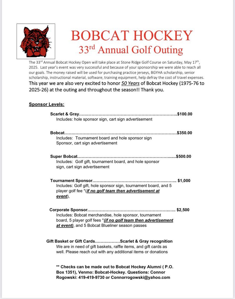 🚨🚨⛳️Registration and sponsorship opportunities are now LIVE for the 2025 BOBCAT GOLF OUTING!! This year we are extremely excited to celebrate 50 YEARS OF BOBCAT VARSITY HOCKEY (1975-1976 to 2025-2026) pleas join us in participating or sponsoring to help us meet our goals! 🏒⛳️