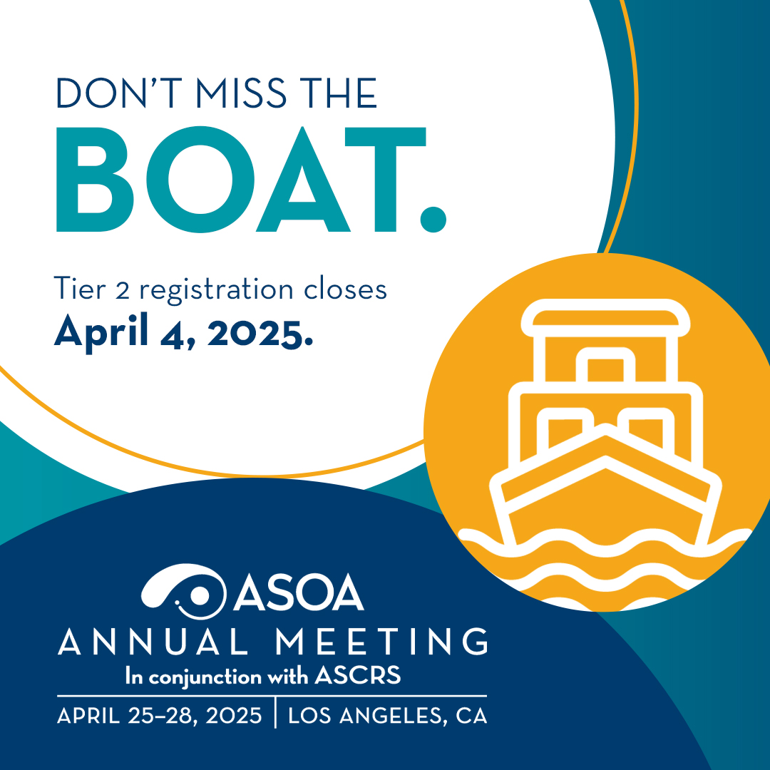 The #ASOA2025 is fast approaching - have you secured your registration yet? Tier 2 registration closes on April 4. Don't wait—register now or risk missing out on this limited-time rate! ➡️ bit.ly/ASCRS2025_Regi…  
#ophthalmology #ASOA #ASOAwesome #ophthalmologists