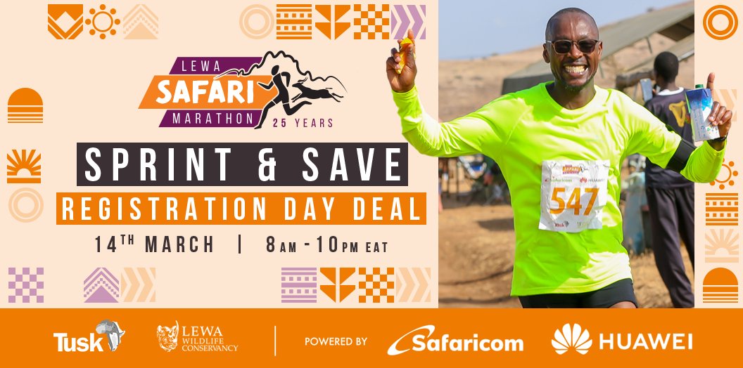Register for the Lewa Safari Marathon on 14th March &amp; get a discounted rate of KES 18,500 (Normal: KES 20,000)! ⏳
📆 Race Day: 28th June
⏳ Offer: 8 AM – 10 PM EAT
🌍 Register: lewasafarimarathon.co.ke
Run for wildlife, communities &amp; conservation! 🏅 #LewaSafariMarathon