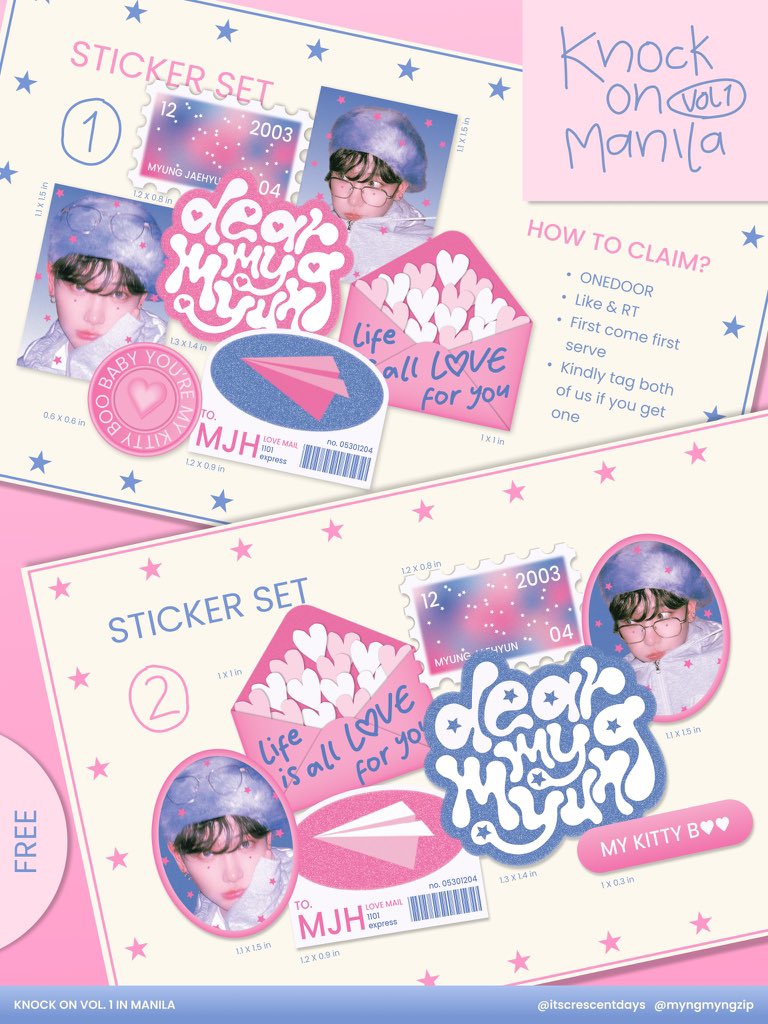 myngmyngzip's tweet photo. 𝙙𝙚𝙖𝙧 𝙢𝙮 𝙢𝙮𝙪𝙣𝙜 ☻ 𝘴𝘵𝘪𝘤𝘬𝘦𝘳 𝘴𝘦𝘵

for KOV1 in Manila .ᐟ
⤻ a fan support by tsa &amp; lai ♥︎

☆ 1:1 limited qty 
★ mbf @itscrescentday (tsa’s shop)
☆ loc: tba (priv on d-day)
★ tag us if you got 1  
☆ like &amp; rt !

𓂃 crafted with love, for our dearest jaehyun https://t.co/UAcYNWPMBa