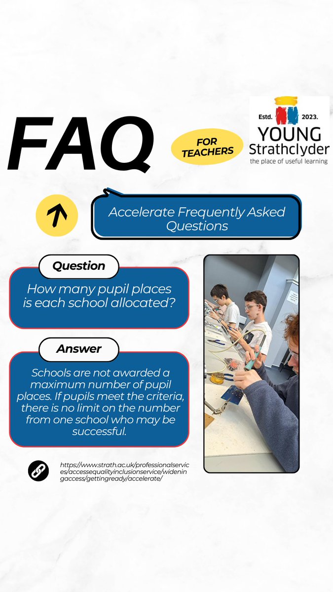 Young Strathclyder (@ystrathclyder) on Twitter photo 📢 TEACHER FAQ – Accelerate 2025 📢
Got questions about Accelerate? We’ve got you covered! Here are some FAQs to help you support your students. If you have any more questions? Drop them in the comments or Email us on accelerate-programme@strath.ac.uk 📢 TEACHER FAQ – Accelerate 2025 📢
Got questions about Accelerate? We’ve got you covered! Here are some FAQs to help you support your students. If you have any more questions? Drop them in the comments or Email us on accelerate-programme@strath.ac.uk