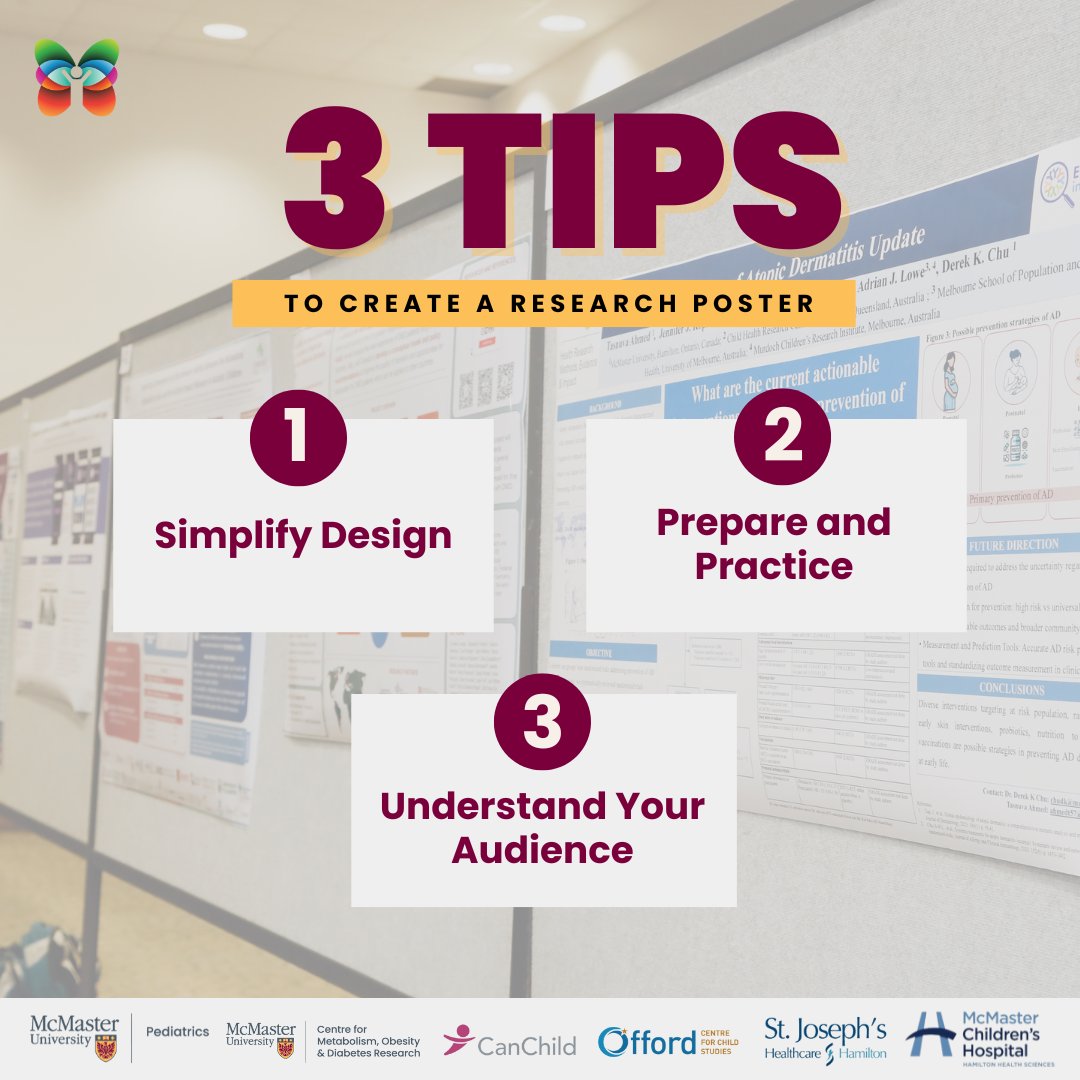 McMaster Child Health Research (@mcmasterchr) on Twitter photo Presenting a research poster at #MCHRD2025? <a href="/MacUPediatrics/">McMaster University Department of Pediatrics</a>ā Sr. Research Advisor <a href="/ElizabethABGunn/">Elizabeth Gunn</a> shares her top 3 tips for success:
1. Simplify your design
2. Prepare & practice
3. Know your audience
Need more tips? Watch the full workshop here ā¬ļø
pediatrics.healthsci.mcmaster.ca/research/mcmas⦠Presenting a research poster at #MCHRD2025? <a href="/MacUPediatrics/">McMaster University Department of Pediatrics</a>ā Sr. Research Advisor <a href="/ElizabethABGunn/">Elizabeth Gunn</a> shares her top 3 tips for success:
1. Simplify your design
2. Prepare & practice
3. Know your audience
Need more tips? Watch the full workshop here ā¬ļø
pediatrics.healthsci.mcmaster.ca/research/mcmasā¦