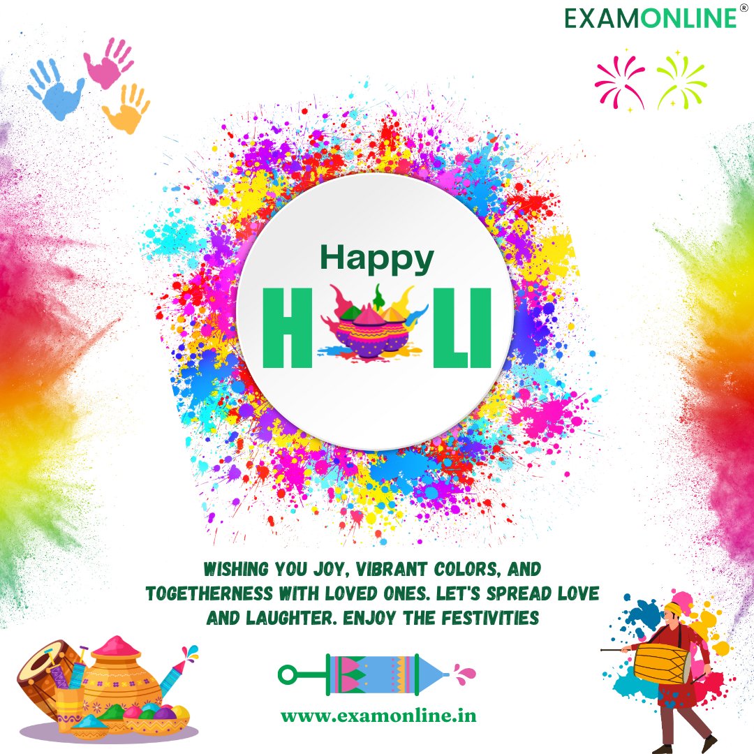 Warm wishes for a joyful Holi! 🎨✨ May your celebrations be filled with happiness and bright moments. Happy Holi 2025! 
#Holi2025 #FestivalOfColors #ExamOnline