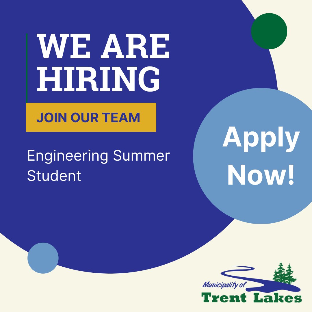 The Municipality of Trent Lakes is seeking a person to fill the position of Engineering Summer Student.

Applications will be received no later than 4:00 p.m. on Thursday, March 27, 2025.

For the full job description and to apply, please visit: trentlakes.ca/en/government/…