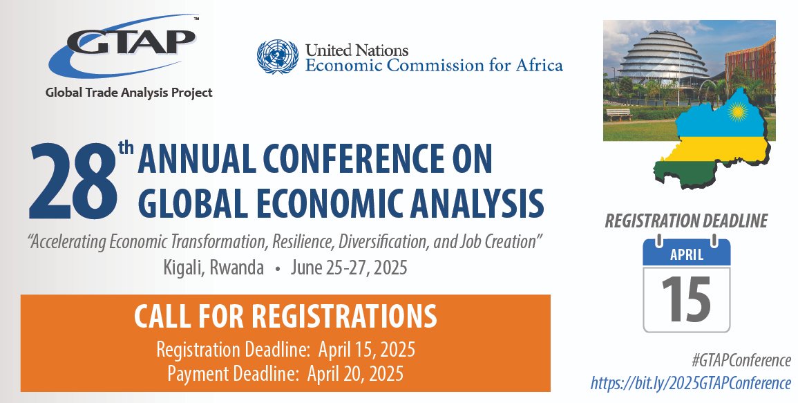 GTAP_Purdue's tweet image. #GTAPConference - Call for Registrations 🇷🇼
Kigali, Rwanda  |  June 25-27, 2025

🗓️ Registration Deadline: April 15
💳 Payment Deadline: April 20

gtap.org/events/Confere…

#GTAP @ECA_OFFICIAL