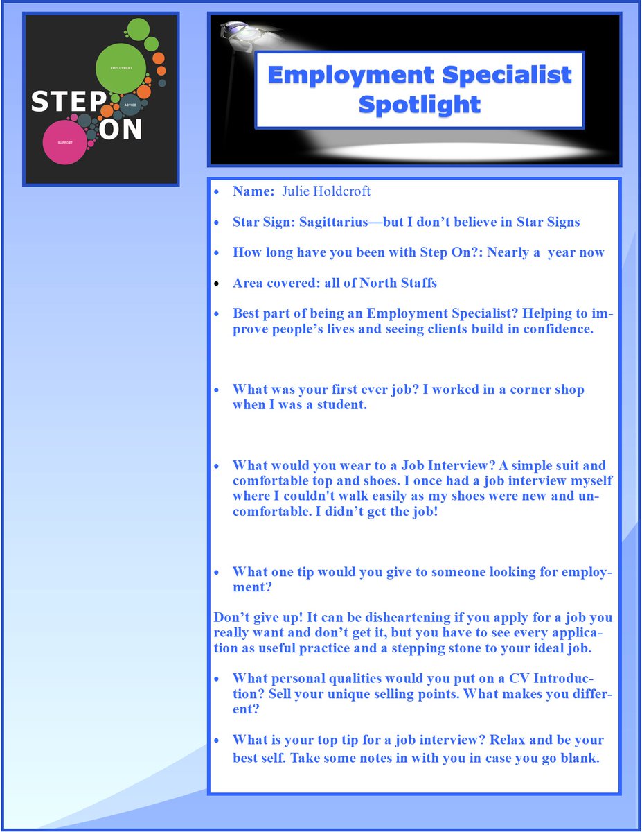 Meet our team!    
Once a month we will be posting info and tips from a member of the team ⭐️  
This month Employment Specialist Julie has given some great feedback on top tips for employment 💚

<a href="/IPSGrow/">IPS Grow</a>
<a href="/mpftnhs/">Midlands Partnership University NHS FT</a>
<a href="/CombinedNHS/">CombinedNHS</a>