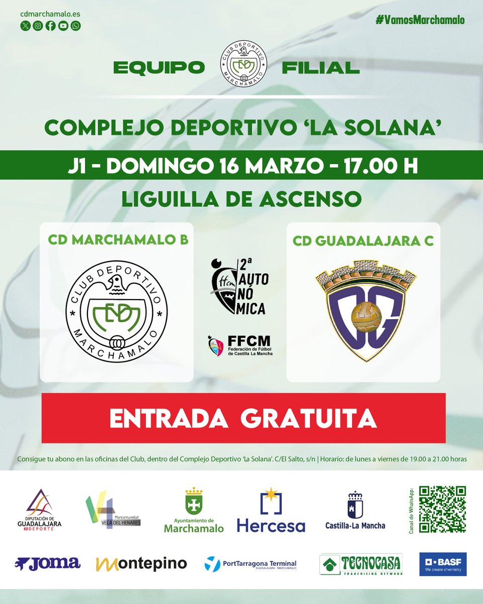 ⚽ | CANTERA |

Este domingo nuestro filial comienza la liguilla de ascenso jugando en casa 💚

#PROMESAS
📅 16 marzo, domingo
⏰ 17.00 horas
🆚 CD Guadalajara 'C'

#VamosMarchamalo #123CD #CDMarchamalo