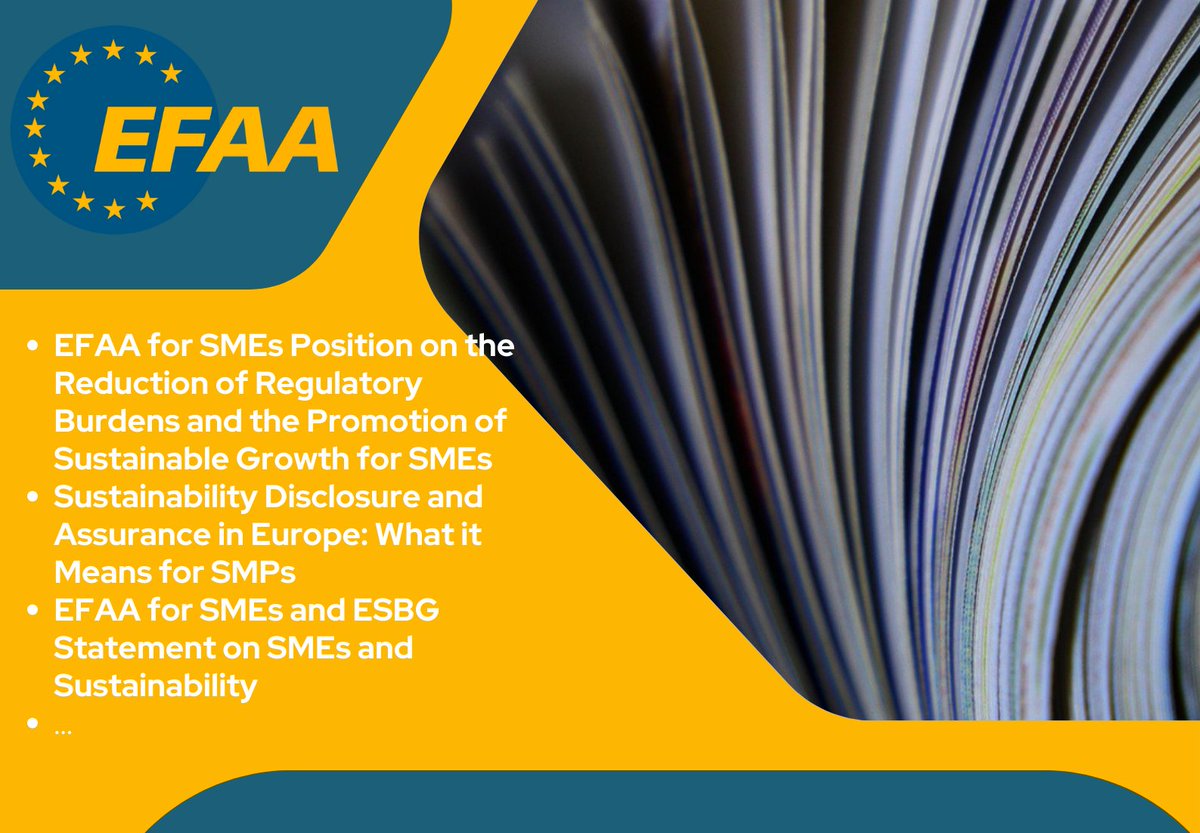 EFAAforSMEs's tweet image. 📢 Check out #EFAAforSMEs latest publications! 📢
Our commitment is to support #SMPs as trusted advisors to their #SME clients, providing  guidance on critical issues to drive growth, #competitiveness &amp;amp; #sustainability
🔗efaa.com/category/publi…
#CSRD #CSDDD #Taxonomy #Omnibus