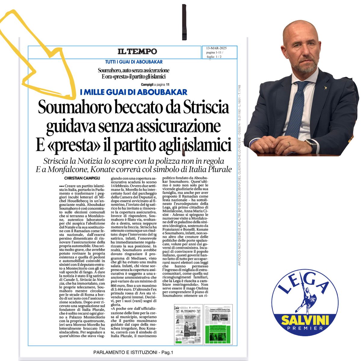 🔵 SOUHAMAHORO E LE REGOLE A SENSO UNICO

In Italia l’assicurazione è obbligatoria ma Soumahoro che pretende di darci lezioni e sogna l’Italia senza Natale e con il Ramadan, ignora le nostre regole.
Qualcuno gli spieghi che qui le leggi valgono per tutti! #legasalvinipremier