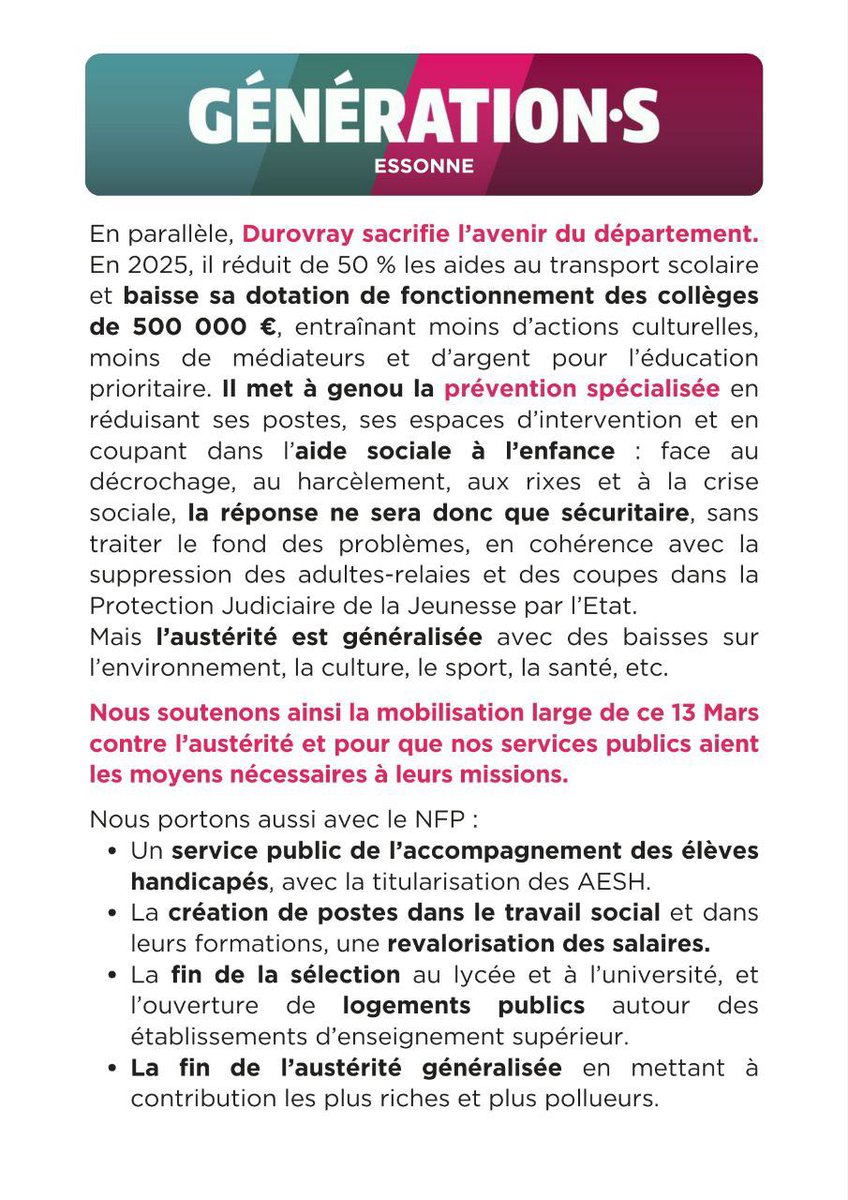 En ce 13 mars, nous soutenons la mobilisation large contre l’austérité et pour la jeunesse et ses professionelle•les ✊