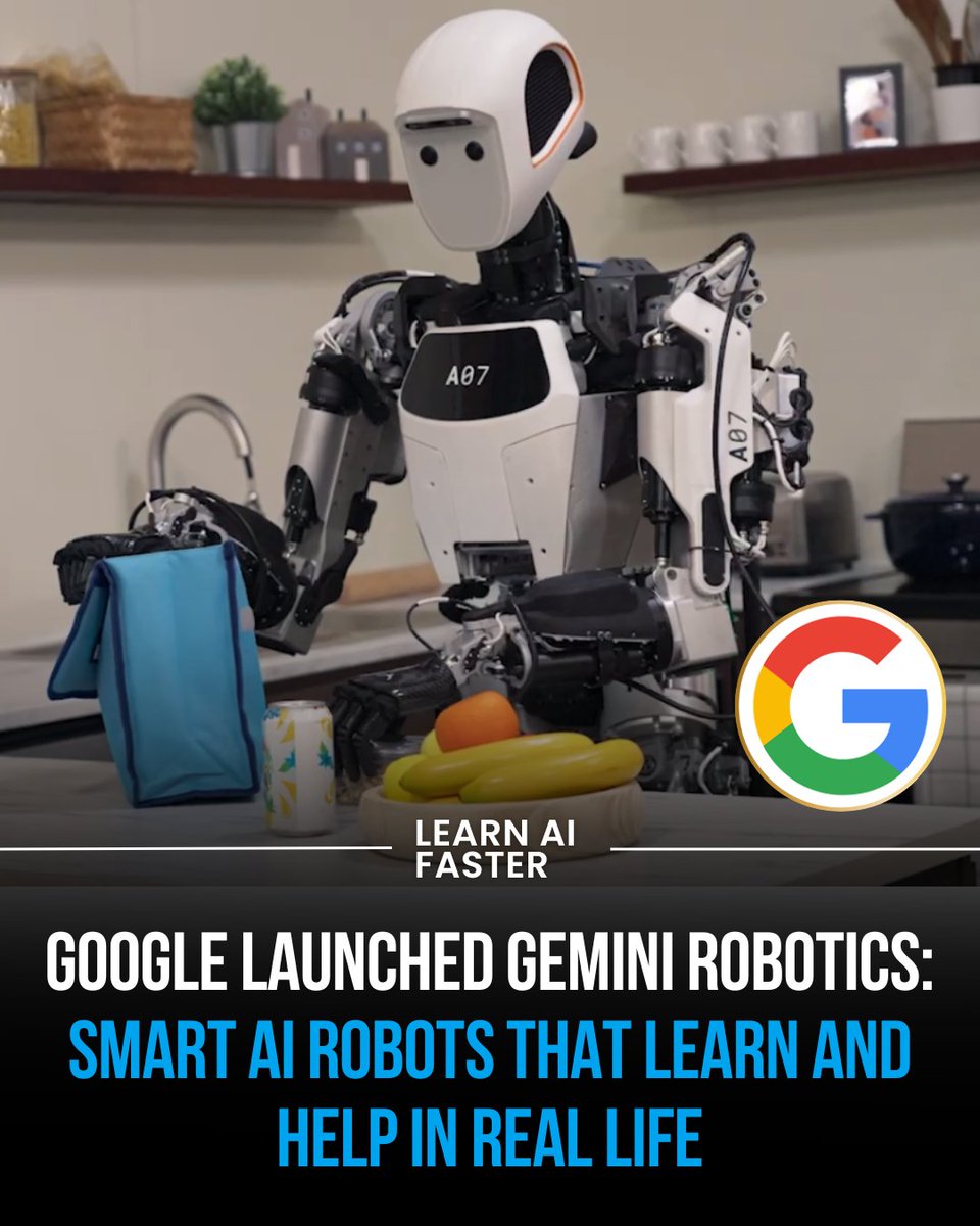 learnaifaster's tweet image. Google launched Gemini Robotics—smart AI robots like Apollo by Apptronik that learn from their surroundings and help with everyday tasks. 
Discover the future of robotics and smart technology! 

#Google #GeminiRobotics #Apptronik #smartai  #Innovation #Robotics