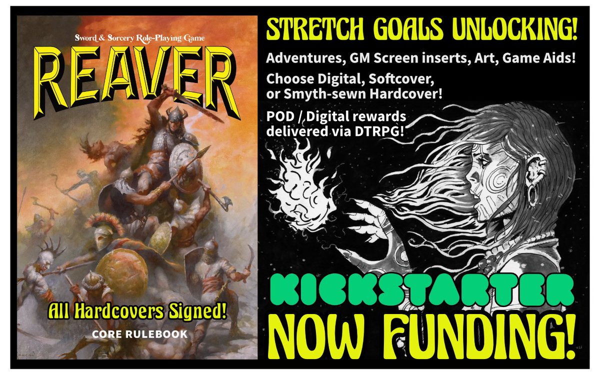 RavenGodGames's tweet photo. @RakdosBattlemap Thanks for the space!
We're #crowdfunding our #TTRPG Reaver #SwordandSorcery #RPG and need help spreading the word! #Share
#Stretchgoals are unlocking-color art, #GMscreen inserts, game aids, and scenarios!
#conanthebarbarian #indiegame #dnd #pulp
https://t.co/P3NpHimaO2 https://t.co/6inhd6QTEE