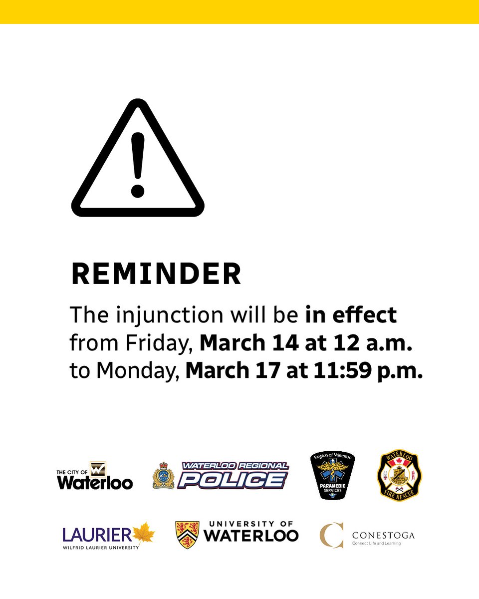 Reminder: There is an injunction order for this weekend. 

Large street gatherings are dangerous and slows response times for emergencies across the city. Anyone partying in the street or otherwise violating the order can be arrested and detained.

 waterloo.ca/post-secondary…