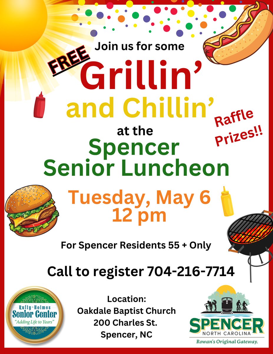 Join us for the Spring Spencer Senior Luncheon hosted by Rufty-Holmes Senior Center and the Town of Spencer! Open to residents aged 55+, it will be held at Oakdale Baptist Church on Tuesday, May 6, at 12:00 p.m. Call 704-216-7714 to register.