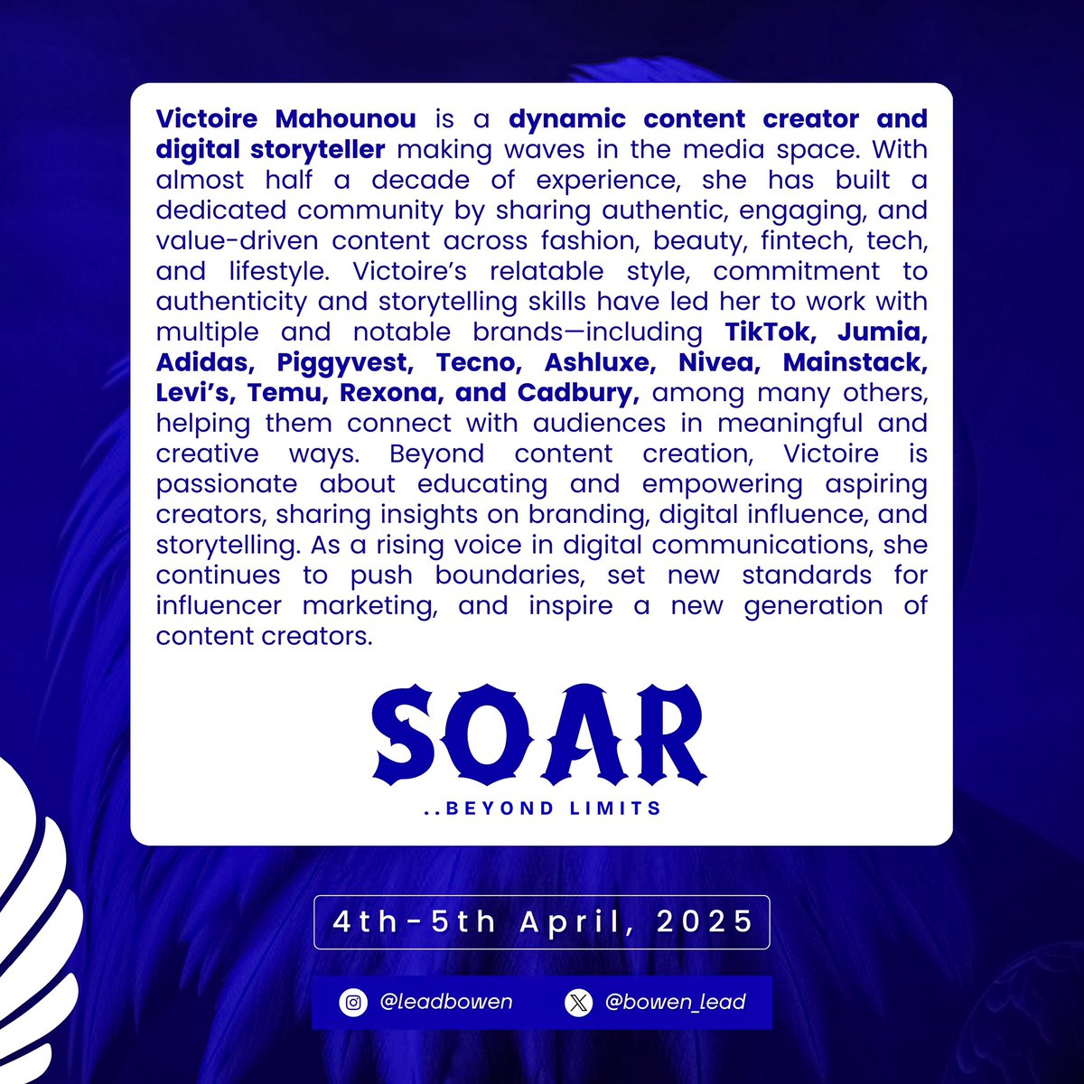 Leadbowenuni's tweet image. Meet @victoire_mahoun, dynamic content creator, digital storyteller &amp;amp; passionate educator, empowering aspiring creators &amp;amp; pushing boundaries in influencer marketing!🚀🚀
#LeadConference2025 #SpeakerReveal