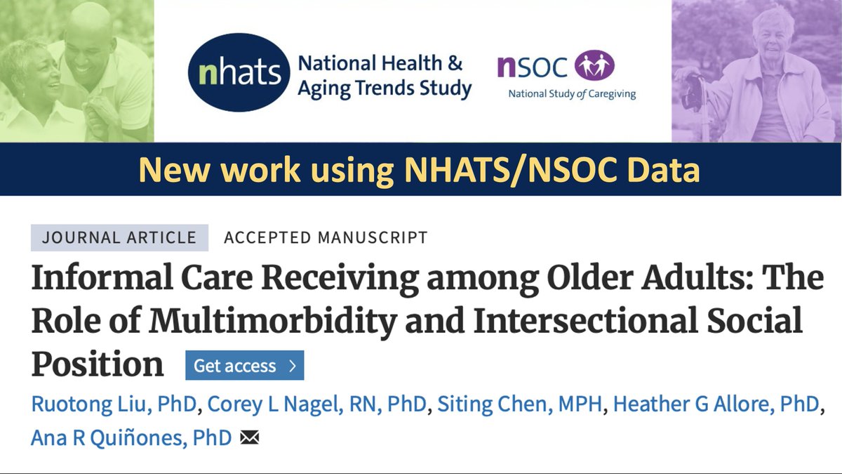 New work using #NHATS/#NSOC data by Dr. Ruotong Liu et al. in The Gerontologist:

#Informal #Care Receiving among #OlderAdults: The Role of #Multimorbidity and #Intersectional #Social Position

"The study highlighted the complexities of informal care-receiving characteristics