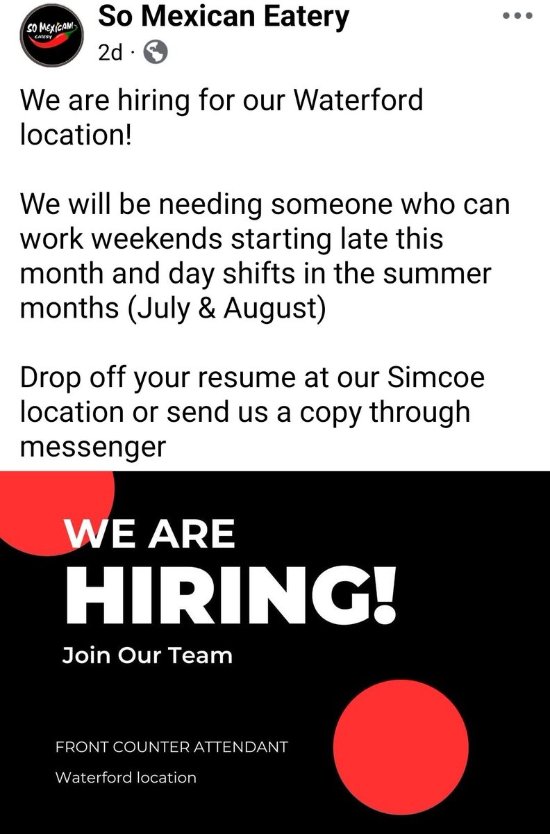 ACEProgram447's tweet image. So Mexican Eatery is hiring for their soon-to-be-opened Waterford location!  Great community supporters (and great food!), we thing this would be a great job! 
Call 519-426-4590
Or email ace@abelenterprises.ca to ACE your job search!