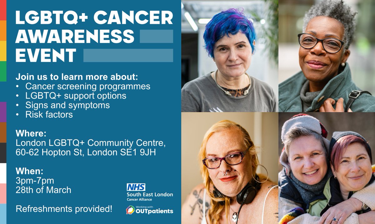 Do you live in Southwark and would like to learn more about cancer signs and symptoms, cancer screening and how the LGBTQ+ community can access support? 

Come and join our awareness event on the 28th March, between 3 - 7pm! 

Further details 👇