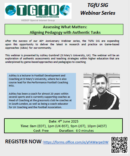 Upcoming Webinar! 

Please register using the QR code or via forms.office.com/e/yFAWarpeDW

Please note this will be recorded and included on the TGfU SIG website.