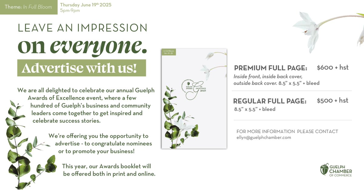 🌸 Grow your business with advertising in the 2025 Guelph Awards of Excellence booklet! 🌼 Print &amp; online options available. 🌷 Reach out to book today! #GuelphChamber #GAE2025