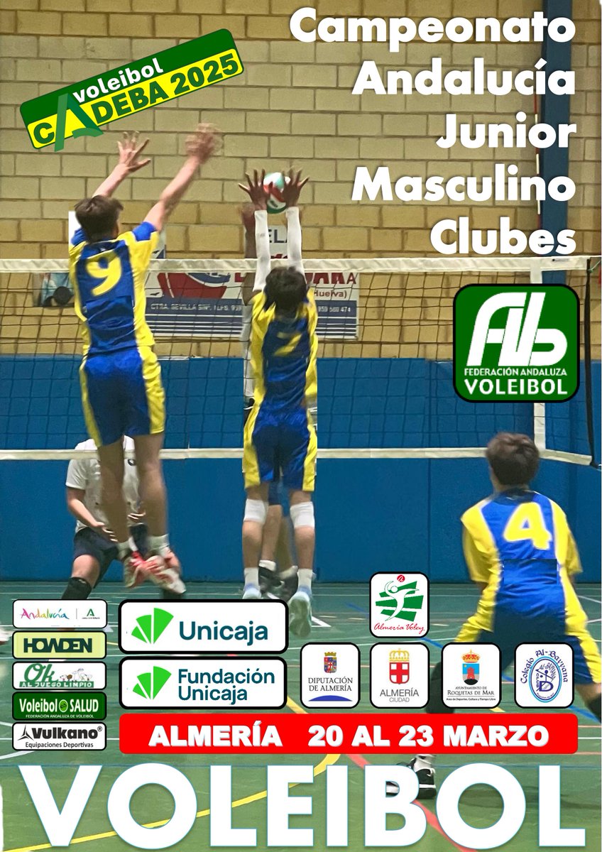 🏐 ¡Cuenta atrás para el inicio de los CADEBA 2025!

🟢 La próxima semana, el mejor Voleibol Junior se da cita en:
📍 Almería (Mas)
📍 Mairena del Aljarafe (Fem)

💪 Equipos y afición se unen para disputar el título andaluz🔥 

📸 Échale un ojo a los carteles de ambos eventos 👀