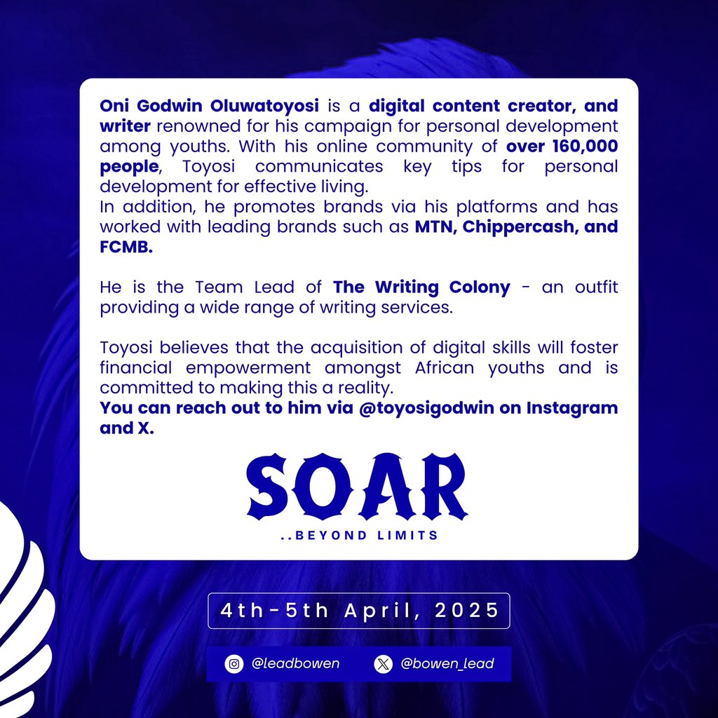 Leadbowenuni's tweet image. Meet @ToyosiGodwin, the driving force behind empowering African youths to unlock their potential through digital skills and personal growth!🚀🚀
#LeadConference2025 #SpeakerReveal