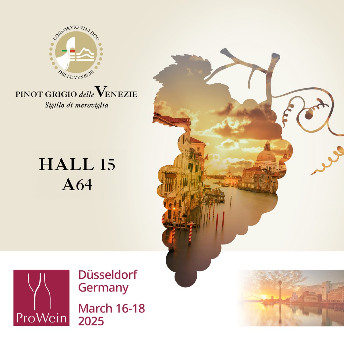 #PinotGrigioDelleVenezieDOC is ready for Prowein 2025! 
From the 16th to the 18th of March, meet us in Messe Düsseldorf, in the heart of the international wine fair. A unique opportunity to discover Pinot Grigio Delle Venezie DOC and meet its producers! Visit us at Hall 15 - A64.