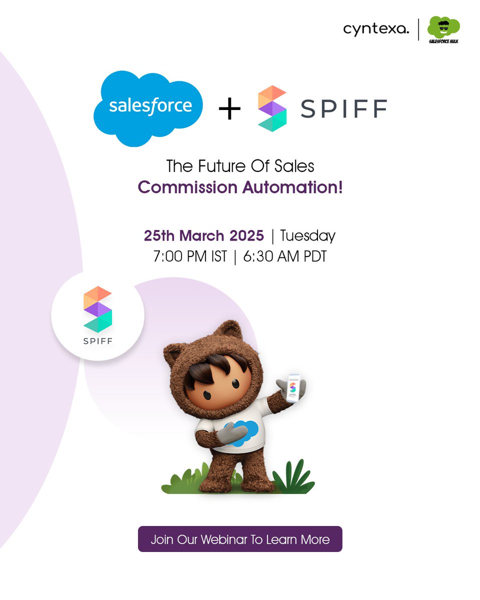 No more spreadsheets, no more errors—just seamless commission automation with Salesforce + Spiff!

👉🏻 Join the webinar to explore the future of sales commissions!

🔗 Register now: cyntexa.com/webinar/salesf…

#Salesforce #Spiff #SalesAutomation #FutureOfSales #TechForSales #Cyntexa