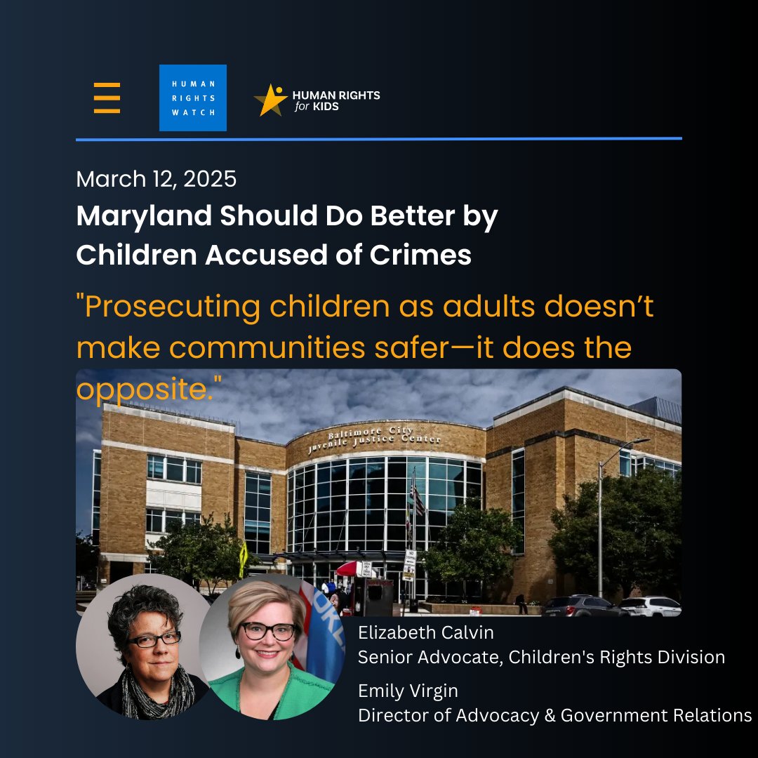 Human Rights for Kids (@hrfk_org) on Twitter photo MD automatically prosecutes kids as adults, denying rehab & increasing recidivism. SB 422 offers a reform, by starting most cases in juvenile court, rehabilitation, reducing costs, & improving safety.
<a href="/hrw/">Human Rights Watch</a> article by @FairSentencing & <a href="/EmilyVirginOK/">Emily Virgin</a> : pulse.ly/rnn6pwajhq MD automatically prosecutes kids as adults, denying rehab & increasing recidivism. SB 422 offers a reform, by starting most cases in juvenile court, rehabilitation, reducing costs, & improving safety.
<a href="/hrw/">Human Rights Watch</a> article by @FairSentencing & <a href="/EmilyVirginOK/">Emily Virgin</a> : pulse.ly/rnn6pwajhq