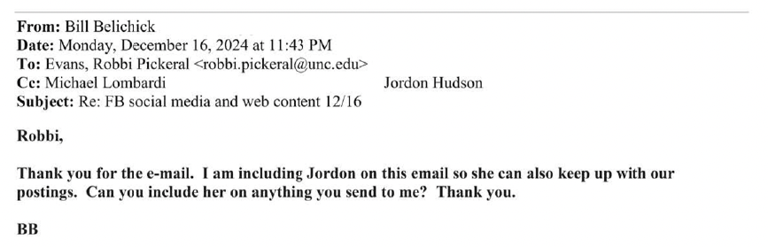 bill belichick asked unc staff to copy his girlfriend on every email they send him