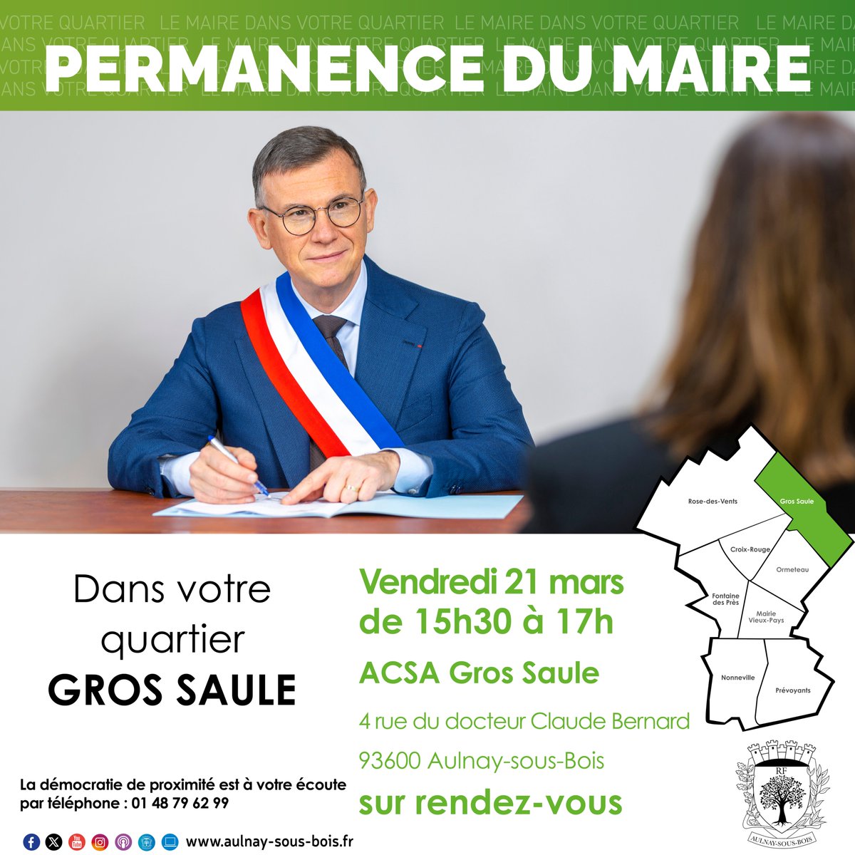 [PERMANENCE] 📆Le Maire <a href="/brunobeschizza/">Bruno Beschizza</a> vous reçoit sur RDV dans le quartier Gros Saule !

📍Prochaine permanence vendredi 21 mars 2025 de 15h30 à 17h00 à .

📞 RDV au 01 48 79 62 99