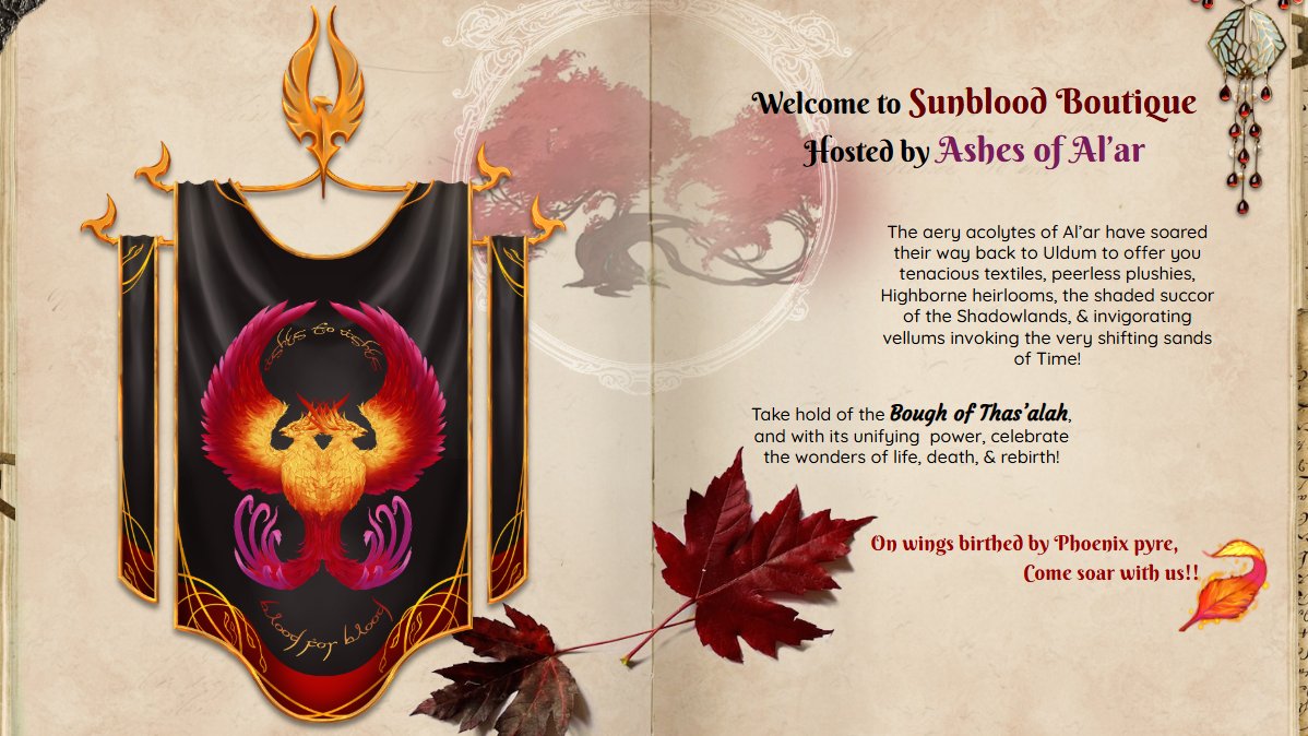 Ashes of Al'ar RETURNS to Warcraft's <a href="/worldsfaire/">World's Faire Carnival</a> 2025 with the "Sunblood Boutique"! Join us in Uldum to beat the heat whilst you fête! 

Only on Moon Guard! 🍷🔥✨