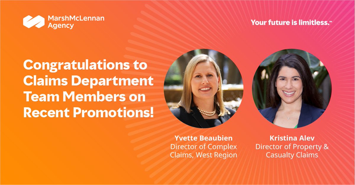 We are happy to announce that Yvette Beaubien is being promoted to the Director of Complex Claims for the #MarshMMA West region. In addition, please join us in congratulating Kristina Alev on her promotion to Director of Property &amp; Casualty Claims. Congratulations!