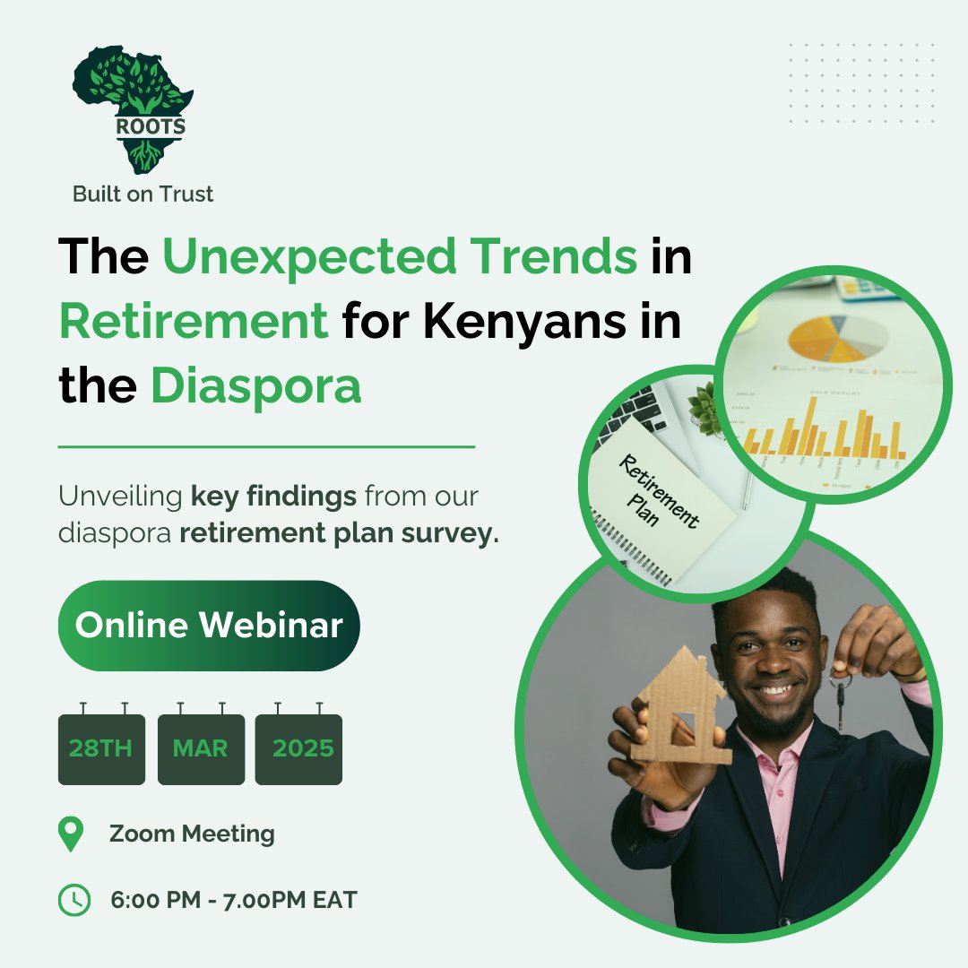 #KenyansinDiaspora! Are you financially prepared for retirement? 
Join our FREE webinar as we unveil surprising trends from our diaspora retirement survey. 

👉lu.ma/7bcd4hg9

#RetirementPlanning #DiasporaWealth #realestate #Rootsafrica #kenyansindiaspora
