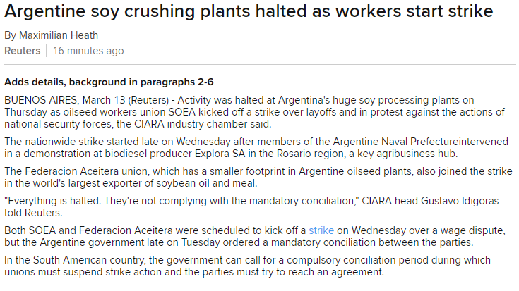 kannbwx's tweet photo. 🇦🇷Argentina's soy processing industry came to a halt late on Wednesday as oilseed workers entered a strike despite the govt order for mandatory conciliation. Argentina is the world's largest exporter of soybean products. https://t.co/ED84Y418hQ