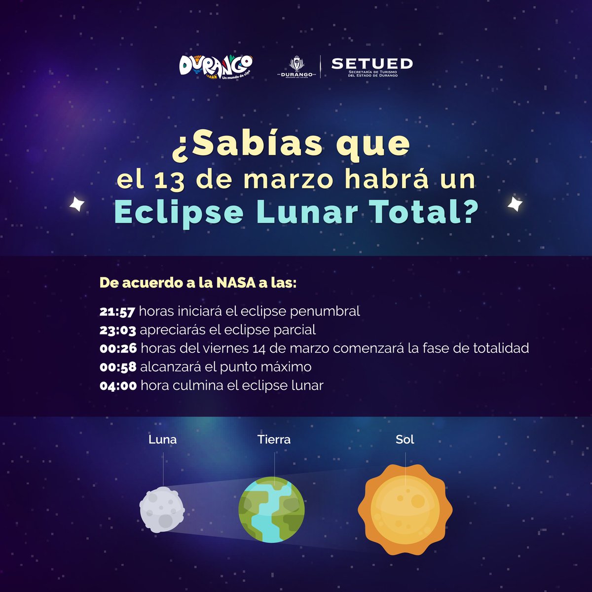 dgosectur's tweet photo. ¡Este 13 de marzo no te puedes perder el increíble Eclipse Lunar Total!🤩

Aquí te contamos los horarios en que podrás apreciarlo🤌🏼 https://t.co/mXxww7rgg7