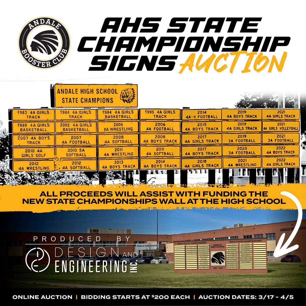 Andale fans, here is your change to own a piece of history! The Andale booster club is auctioning off old State Championship signs to help fund a brand-new STATE CHAMPIONSHIP WALL on school grounds!  This is your chance to own a piece of Andale’s winning tradition!