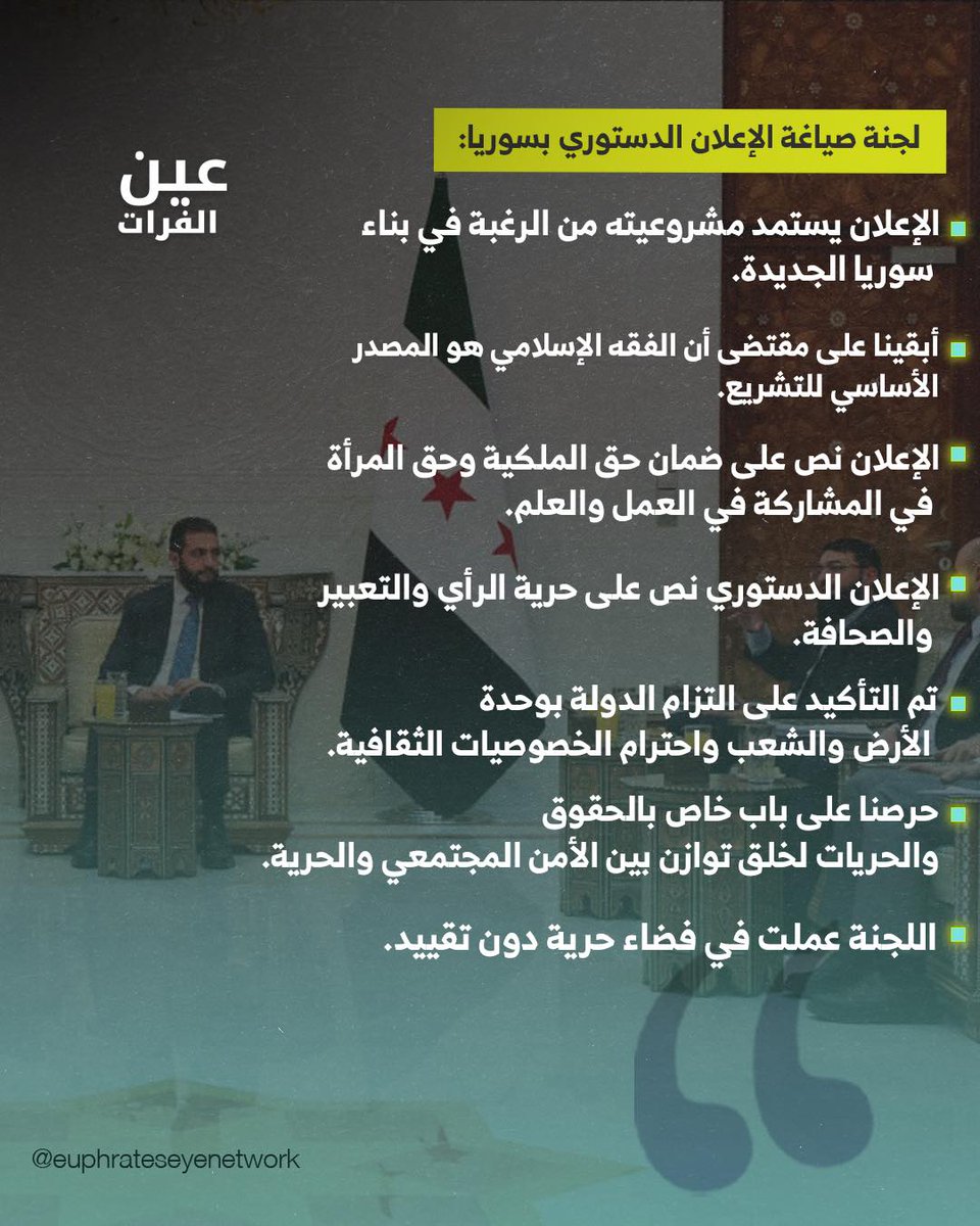 لجنة صياغ #الإعلان_الدستوري بسوريا:
"ترك أمر عزل الرئيس أو فصله أو تقليص سلـ ـطاته لمجلس الشعب، ويتولى مجلس الشعب العملية التشريعية ورئيس الجمهورية يتولى السـ ـلطة التنفيذية"
#سوريا #عين_الفرات