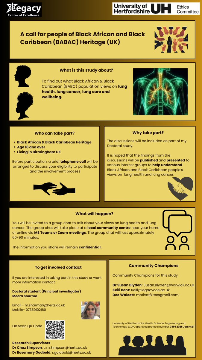 OfficialCAHPR (@officialcahpr) on Twitter photo Sharing doctoral study <a href="/meera_he/">Meera sharma</a>
🔊 "As part of my doctoral studies, I am looking for Black African & Black Caribbean Heritage individuals living in Birmingham to share their views of lung health and lung cancer" 👀
tinyurl.com/yck3h5vy
#lungcancer #Blackhealth #lunghealth Sharing doctoral study <a href="/meera_he/">Meera sharma</a>
🔊 "As part of my doctoral studies, I am looking for Black African & Black Caribbean Heritage individuals living in Birmingham to share their views of lung health and lung cancer" 👀
tinyurl.com/yck3h5vy
#lungcancer #Blackhealth #lunghealth