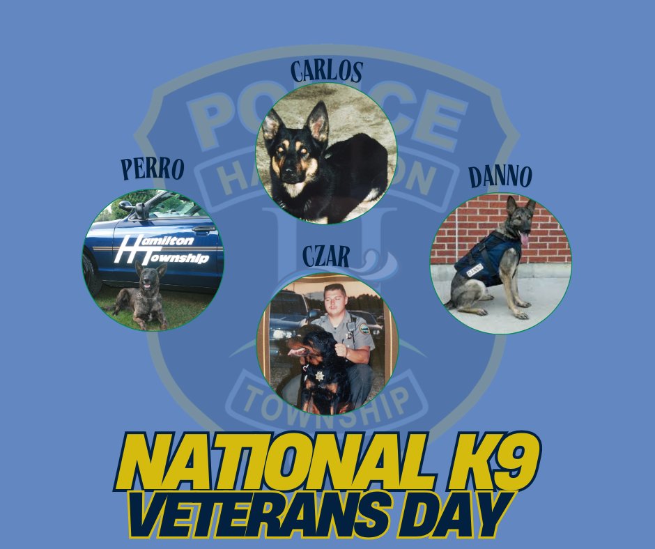 🐾 Honoring Our Four-Legged Heroes 🐾

On #K9VeteransDay, we remember and honor the Hamilton Township PD K9s who served with loyalty &amp; courage: 

🔹K9 Czar (1990s) 
🔹K9 Carlos (until 2005) 
🔹K9 Perro (2005-2009) 
🔹K9 Danno (2007-2009) 

Forever honored, never forgotten. 🖤🐾