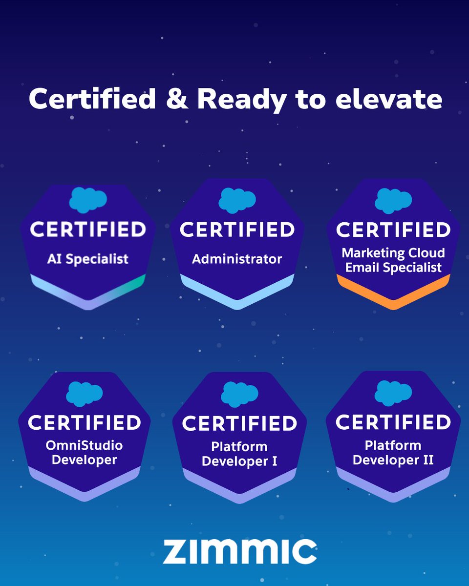 🚀 Certified Experts, Proven Results! 🚀

At Zimmic, our certified Salesforce professionals are ready to elevate your business! With 80+ certifications we bring the expertise needed to implement and optimize Salesforce for your success.

Let’s build something amazing together! 💙