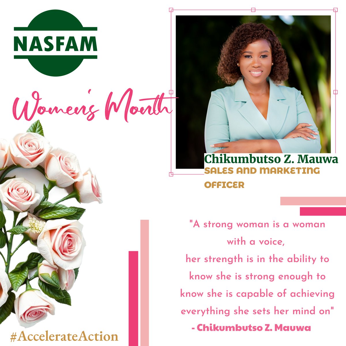 🌸 𝑪𝒆𝒍𝒆𝒃𝒓𝒂𝒕𝒊𝒏𝒈 𝑾𝒐𝒎𝒆𝒏'𝒔 𝑴𝒐𝒏𝒕𝒉 𝒘𝒊𝒕𝒉 𝑵𝑨𝑺𝑭𝑨𝑴!  🌸 

This afternoon, we spotlight Chikumbutso Z. Mauwa, NASFAM’s Sales and Marketing Officer, who reminds us that true strength lies in confidence and determination.  

#IWD2025 #NASWomen #WomenInBusiness