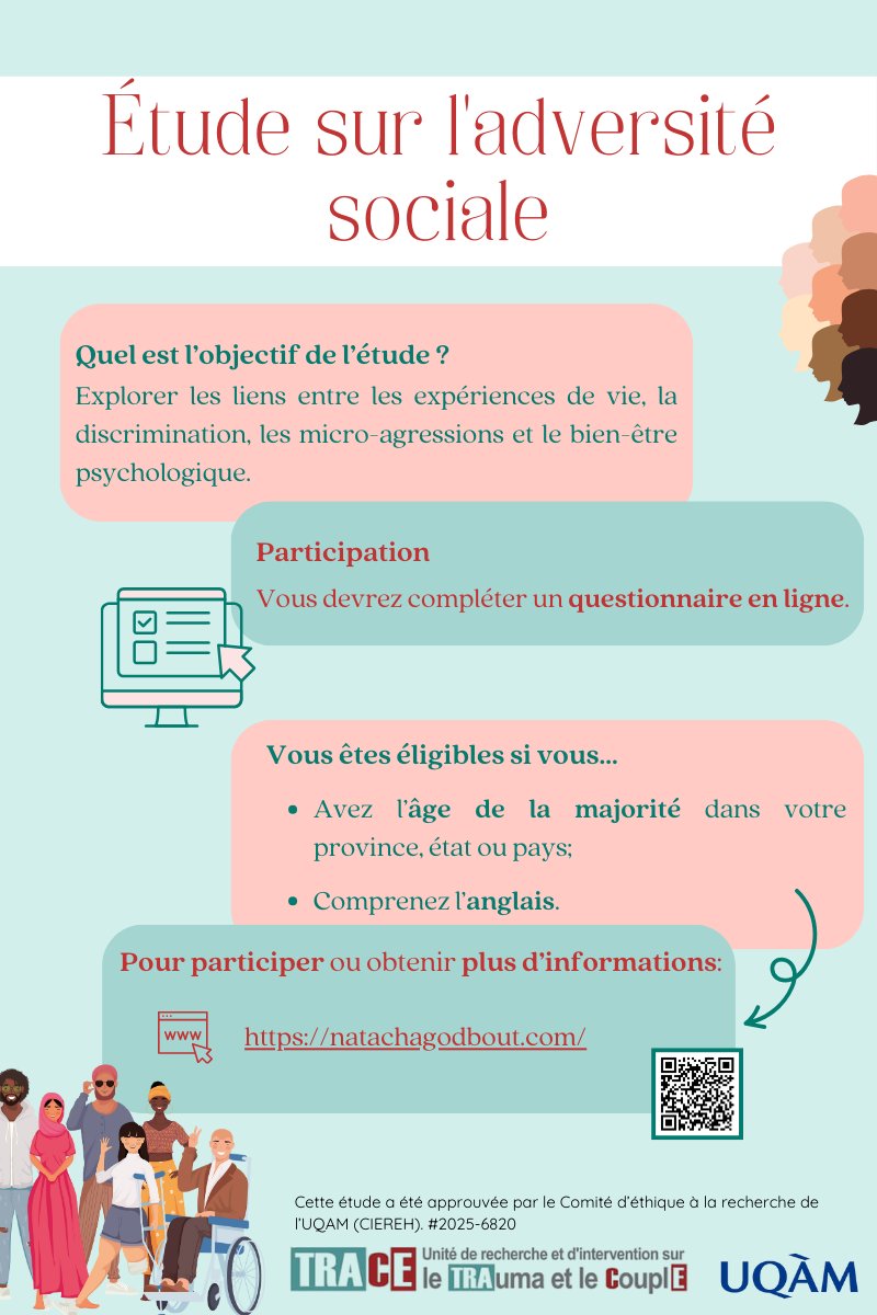 Le laboratoire TRACE est à la recherche de participant.e.s qui comprennent l’anglais pour une étude sur l'adversité sociale. L'objectif est d'explorer les liens entre les expériences de vie, la discrimination, les micro-agressions et le bien-être psychologique.